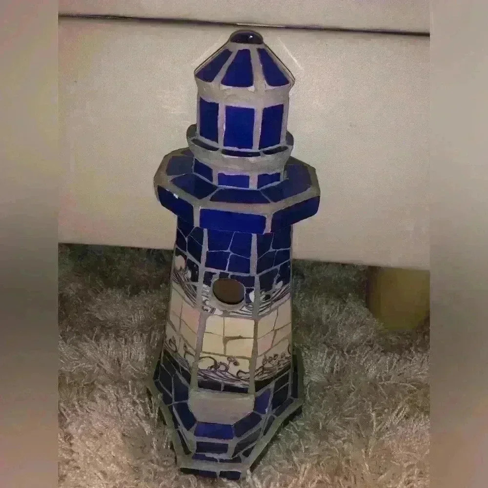 Pacific Rim Cobalt and White  Mosaic Lighthouse Bird Feeder/House